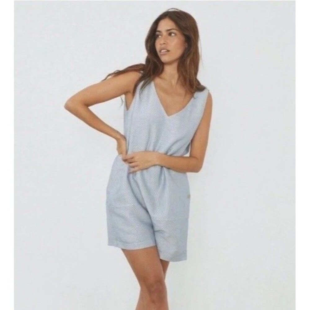 Lunya Resort Pale Blue V-Neck Linen-Silk Romper Lounge Pajama Size M Nautical